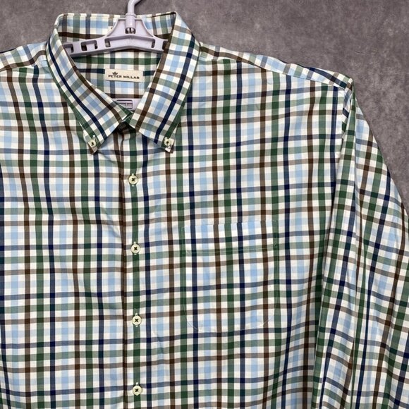 Peter Millar Button Shirt Mens Extra Extra Large XXL Plaid Pocket Long Sleeve - Picture 1 of 10